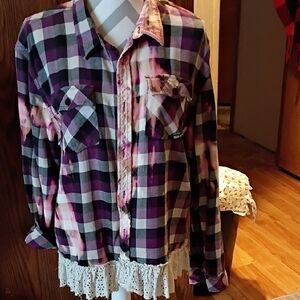 Bleached Flannel Plaid Shirt with Vintage Lace Hem BLING Unicorn
